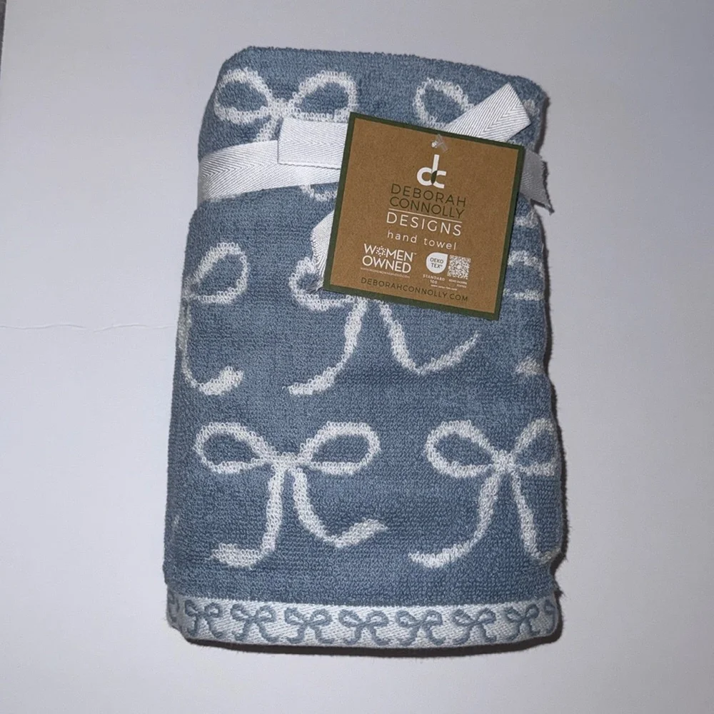 NWT Deborah Connolly 6 Piece Cotton Bath Towel Set Blue with White Bows
